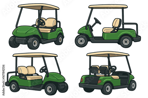 Set of green electric golf carts in different angles. Golf car front, back, and side view. Vector cartoon illustration for sport, club, leisure, and recreational transport design.