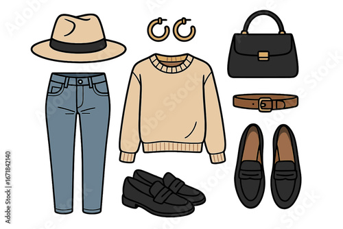 Woman casual fashion outfit set. Autumn clothes collection flat lay. Look with jeans, sweater, fedora hat, handbag, loafers. Elegant, preppy, minimalist style. Vector illustration.