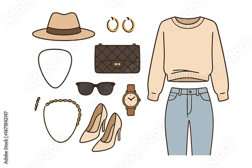 Woman's fashion casual outfit flat lay. Autumn look with jeans, sweater, hat, bag, and high heels. Female clothing and accessories set for fall season. Capsule wardrobe essentials.