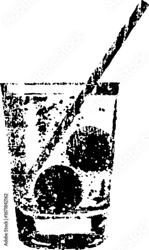 High contrast black and white stencil art of a drink with straw and lemon slices