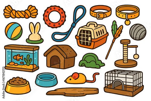 Pet supplies and accessories set. Vector cartoon icons for pet shop. Dog, cat, fish, and hamster care items. Toys, food, collar, leash, carrier, cage, and habitats.