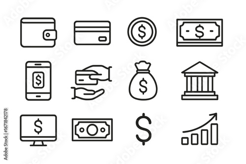 Finance banking line icon set. Vector symbols for money, digital payment, currency, and investment. Outline wallet, credit card, mobile banking, and dollar sign icons.