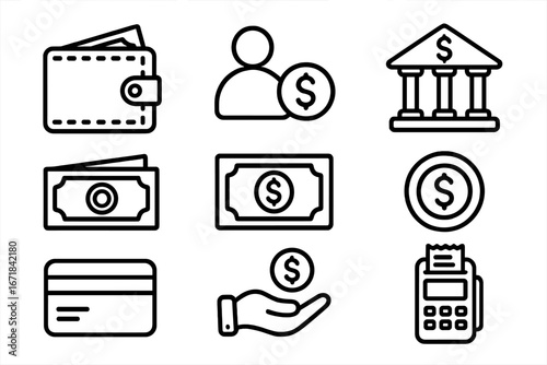 Finance and banking line icon set. Money, payment, and currency symbols. Vector wallet, credit card, bank, dollar, coin, cash, and POS terminal icons for business and web.