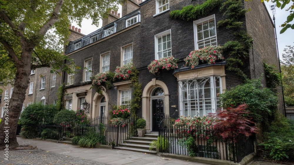 Naklejka premium A charming Georgian townhouse in the heart of London, with unique architectural features and a well-maintained garden.