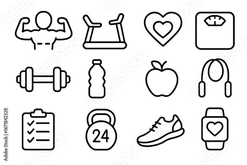 Fitness and health line icon set. Exercise, wellness, app icons outline collection. Vector symbols for gym workout, sport, healthy lifestyle, diet, cardio, and muscle training.