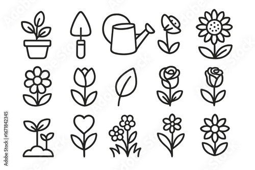 Gardening flowers outline icon set. Simple plant, nature, and floral line art collection. Vector cartoon illustration of rose, tulip, sunflower, trowel for spring or hobby.