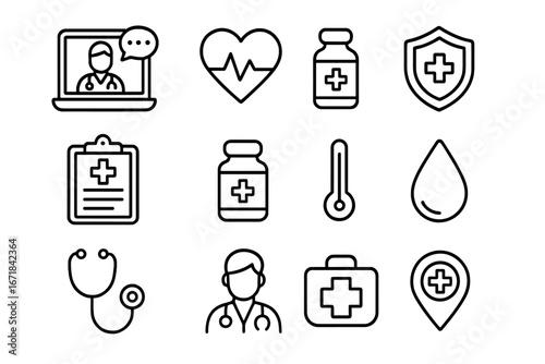 Health and medical line icon set. Telemedicine, online doctor consultation, and healthcare symbols. Vector outline pictogram collection for hospital, clinic, pharmacy, and web.