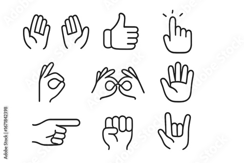 Hand gestures line icon set. Communication signs like ok, pointing finger, thumbs up, stop, and love symbol. Vector outline icons for web and print. Deaf alphabet concept.