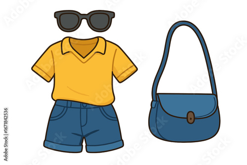 Summer fashion outfit set. Casual women's clothing collection. Yellow polo shirt, blue denim shorts, sunglasses and handbag. Vector cartoon illustration isolated on white.