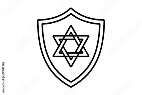 Star of David on a shield. Magen David Jewish religious symbol. Judaism spiritual icon. Hebrew faith vector line art. Isolated illustration for logo or banner design element.