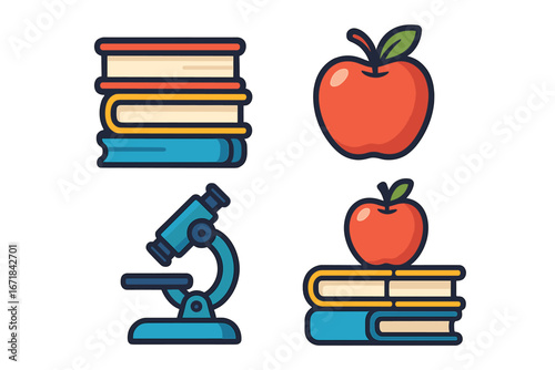 Education and science icon set. Learning tools concept with books, apple, microscope. Back to school symbols. Knowledge, study, research, wisdom. Vector cartoon illustration.