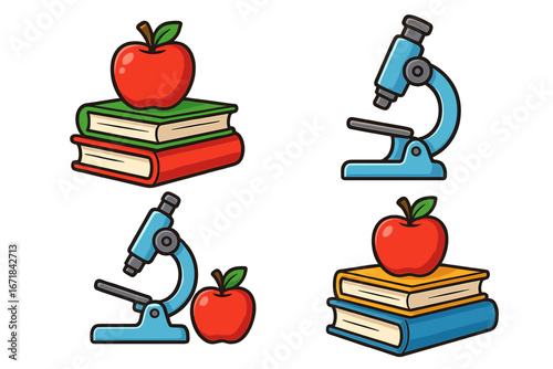 Education and science icon set. Vector cartoon illustration of school supplies. Learning tools with books, red apple, and microscope. Back to school knowledge concept design element.
