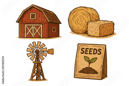 Farming icon set. Rustic farm elements: red barn, hay bale, vintage windmill, seed packet. Agriculture concept. Countryside life. Vector cartoon illustration collection.