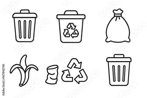 Trash and recycling line icon set. Waste management, garbage disposal, and refuse collection. Outline vector icons for ecology, environmental conservation, and zero waste concept.