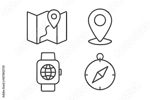 Travel and technology line icon set. Navigation symbols collection with map, gps pin, smartwatch and compass. Vector location and direction signs for web and mobile apps.