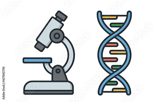 Microscope and DNA helix vector icons. Concept for genetics, molecular biology, and scientific research. Laboratory equipment for genetic engineering, biotechnology, and analysis.