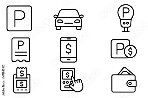 Parking & payment vector line icon set. Car, meter, ticket, mobile pay, wallet icons. Simple outline symbols for transport app, UI, UX, web design. Minimalist pictograms.