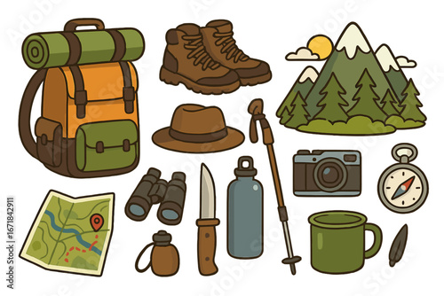 Set of hiking and camping equipment for outdoor adventure. Mountain travel essentials. Vector cartoon icons of backpack, boots, map, compass for trekking and tourism concept.