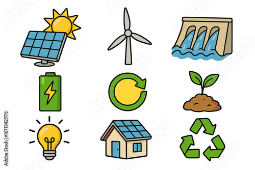 Renewable energy icon set. Green power concept with solar panel, wind turbine, hydro dam, and recycle symbol. Sustainable technology for clean electricity generation vector.