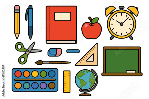 Set of school supplies and educational tools for back to school. Vector icons for learning, study. Includes book, globe, pencil, paints. Cartoon illustration isolated.