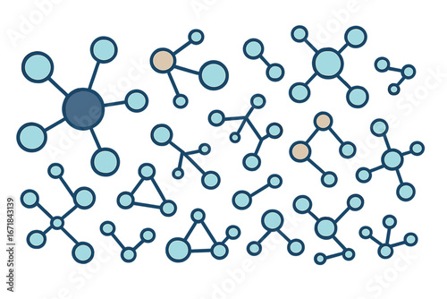 Abstract molecular structures set. Scientific background with atoms and bonds. Chemical compound icon collection. Concept of network, connection, technology, and data.