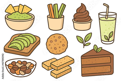 Healthy plant-based food collection. Vegan snacks and sweet desserts icon set. Guacamole, avocado toast, smoothie, nuts, chocolate cake. Cartoon vector illustration element.