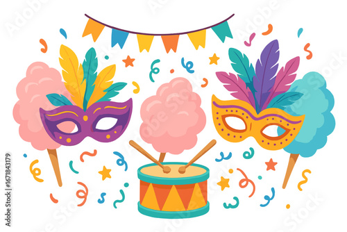 Carnival party elements vector set. Colorful cartoon illustration with masks, drum, cotton candy, and confetti. Festive celebration design for a festival or holiday event.