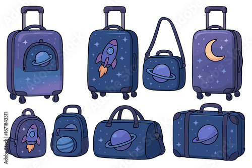 Unique collection of various travel bags and suitcases with space-themed designs featuring planets, rockets, moons, stars in blue and purple shades. Vector cartoon illustration
