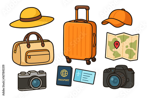 Vector collection of travel essentials for a summer vacation. Set of tourism icons including luggage, passport, camera, map and hat. Adventure and journey concept elements.