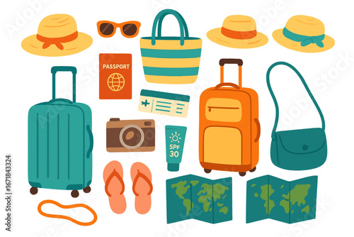 Set of travel essentials for summer vacation. Collection of cartoon vector icons including luggage, passport, camera, sun hat, and map. Flat design holiday and tourism concept.