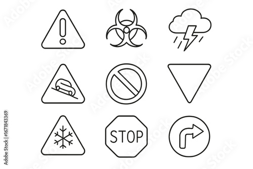 Set of warning and traffic signs. Linear icons for safety, caution, weather alerts. Vector symbols like stop, biohazard, yield, slippery road, thunderstorm, and snow icons.