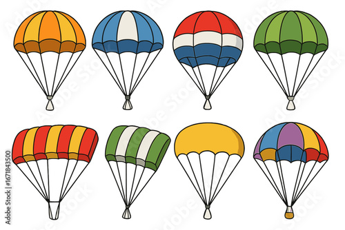 Colorful parachute designs collection with diverse shapes and vibrant patterns. Cartoon vector illustration set showcasing organized hot air balloons and skydiving canopies on transparent background.