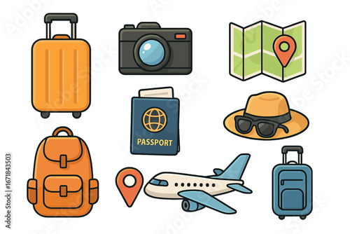 Travel essentials icon set. Vector cartoon clipart collection for tourism, vacation, and holiday. Luggage, passport, plane, camera, and map for a worldwide journey or adventure.