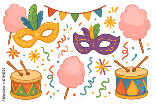 Carnival festival party collection. Set of colorful vector elements: mask with feathers, drum, cotton candy, confetti, flag garland. Hand drawn cartoon circus illustration.