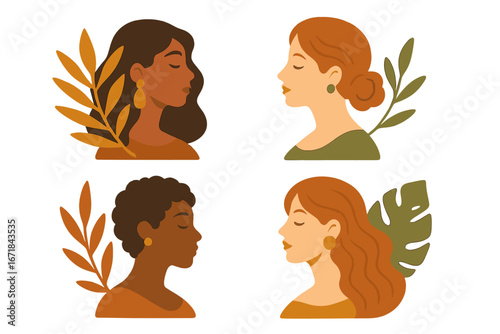 Collection of multi-ethnic women profiles with leaves. African and caucasian beautiful girl faces. Natural beauty, skincare, spa, wellness concept. Elegant vector illustration.