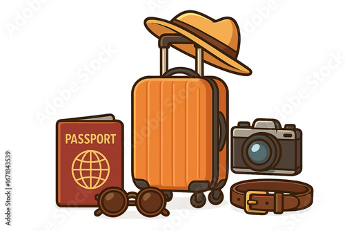 Travel essentials for vacation. Set of tourism icons. Suitcase, passport, camera, hat, sunglasses, belt. Holiday journey concept. Adventure trip packing objects. Vector.