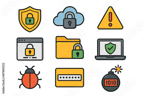 Various Security Icons Representing Digital Safety, Data Protection, Cybersecurity Threats, Antivirus, Passwords, Cloud Security, Malware, and Risk Prevention Vector Cartoon Illustration