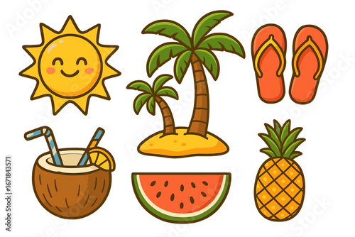 Summer vacation icon set. Cute cartoon tropical symbols collection. Kawaii sun, palm tree, pineapple, coconut drink, watermelon, and flip flops. Vector beach holiday elements.