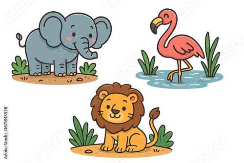Cute cartoon animal set with elephant, lion, flamingo. Vector safari and jungle characters collection. Adorable wildlife illustration for kids. Baby animals design elements.