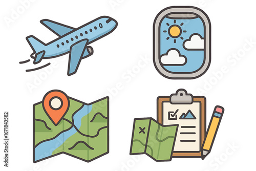 Vector icon set for flight and travel. Airplane, map with destination pin, trip planning checklist. Holiday and vacation concept. Tourism and adventure outline cartoon icons.