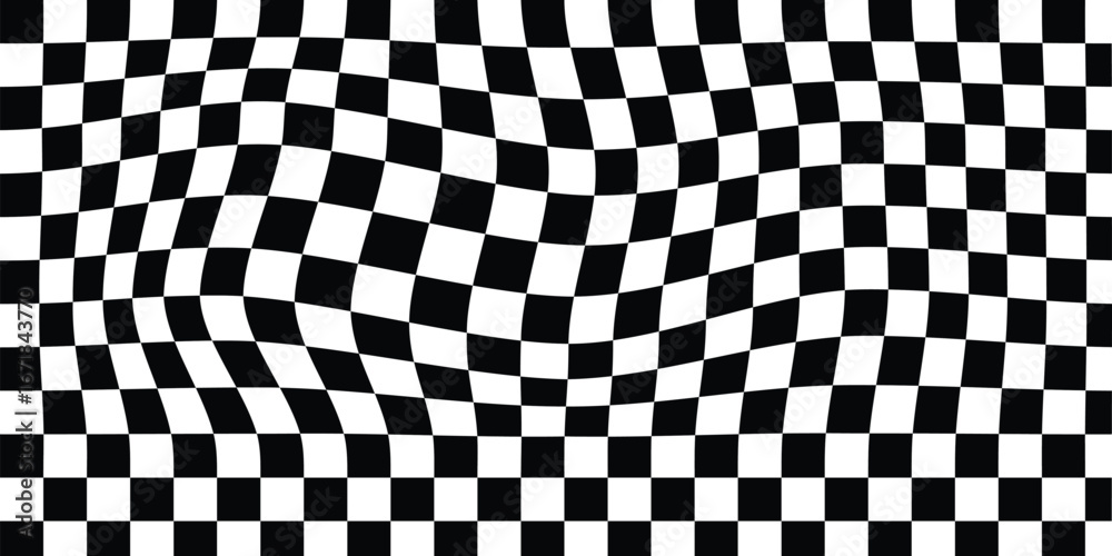 Fototapeta premium Twisted checkerboard black background. Wavy psychedelic checkerboard. Seamless Repeat Modern Trendy Irregular Warped Wavy Check Checkered Checkerboard. Vector abstract geometric wavy chessboard bg