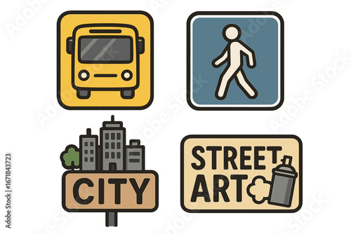 Urban symbols set with public transport, pedestrian zone, and street art concepts. Vector cartoon icons. City life illustration with bus, walk sign, and graffiti symbol collection.