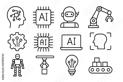 Artificial intelligence outline icon set. Robotics and automation concepts. Vector icons for machine learning, AI chip, robot arm, android, and industrial automation technology.