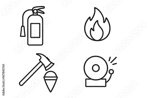 Fire safety line icon set. Firefighting tools vector collection. Emergency response symbols. Fire extinguisher, flame, alarm bell, axe, sand bucket. Protection, prevention, danger.