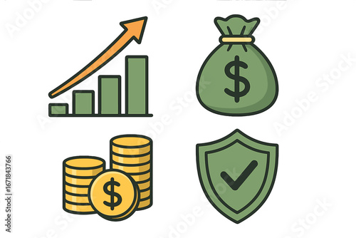 Financial growth and security concepts illustration. Vector cartoon set of money bag, rising chart, coins, and shield with checkmark, economic success and protection symbols, transparent background