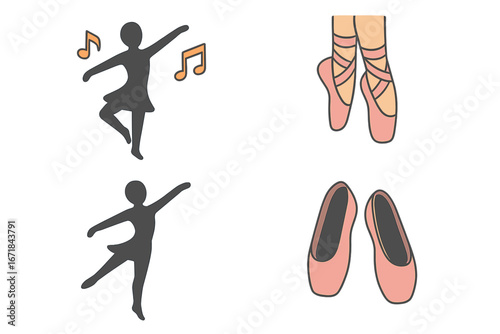 Elegant Ballet Dancer Silhouettes with Musical Notes and Pink Pointe Shoes Vector Illustration Set