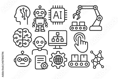 Artificial intelligence outline icon set. Technology, robotics, and automation concept. Icons for machine learning, neural network, cyborg, chatbot, industrial robot arm.