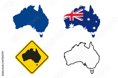 Vector set of Australia map silhouettes. Australian country shape with flag texture, solid color, and outline. Warning road sign icon. National geography symbol collection.