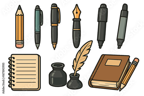 Set of writing tools. Pen, pencil, marker, book, notebook, inkpot, quill. Office and school supplies. Education, literature. Author, writer, journalist. Vector icons.