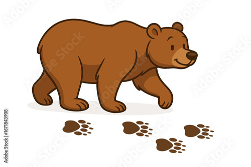 Walking brown bear with paw prints. Cute cartoon grizzly character leaving tracks. Concept for wildlife tracking, nature observation. Forest animal vector illustration isolated.